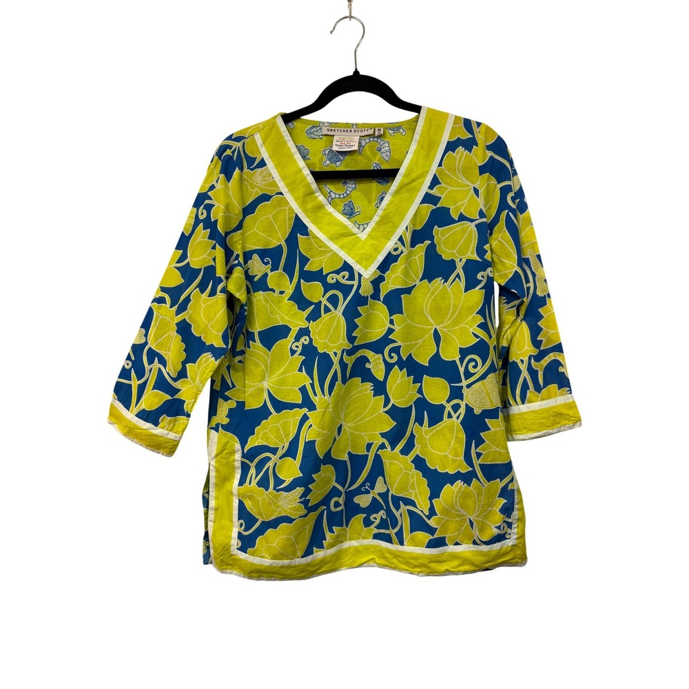 Gretchen Scott Tunic Size Medium Womens Blue Lime Green Floral 3/4 Sleeve